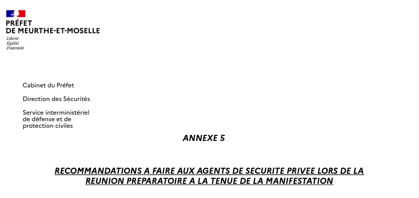 RECOMMANDATIONS A FAIRE AUX AGENTS DE SECURITE PRIVEE LORS DE LA REUNION PREPARATOIRE A LA TENUE DE LA MANIFESTATION