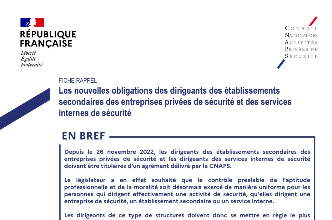 L'obligation d'agrément pour les dirigeants de service interne de sécurité et d'établissement secondaire